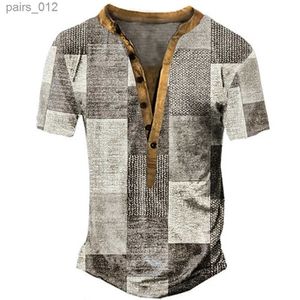 T-shirt maschile patchwork Henley Shirt Color Block 3D Stampa 3D Magni Short Short Shirt Mens T-shirt YQ240415