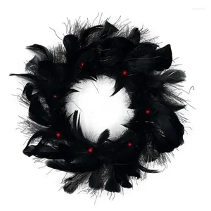Decorative Flowers Halloween Black Feather Wreath With Lights Front Door Decor Crow Wall Decoration Horror Props