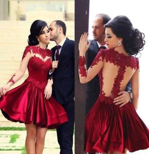 2019 Real Po Burgundy Formal Homecoming Dresses Lace Applique Crew Neck Tulle Long Sleeves Satin ALine Knee Length Cocktail Pa6108179