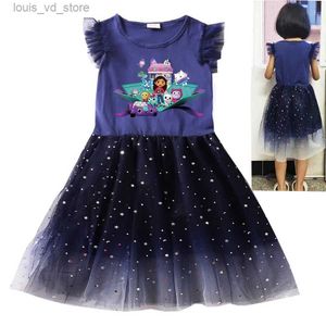 Flickans klänningar 2024 NYA SUMMER GABBYS DOLLHOUSE Kids Clothes Girl Party Dresses Girl Princess Dress Cartoon Gabby Cats Wedding Vestidos T240415