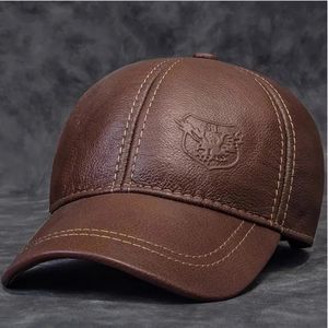2024 Manlig äkta läderkohud 56-60 cm Blackbrown Baseball Caps Eagle Print för Man Casual Street GF Gorras Dad Hat 240415