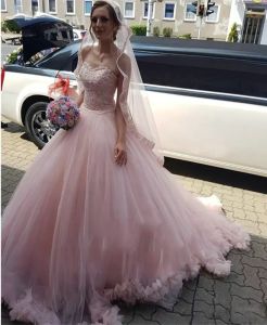 2024 Blush Pink Ball Gown Wedding Dresses Lace Applique Sweetheart Neckline Sweep Train Custom Made Beaded