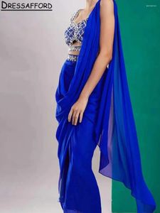 Party Dresses Royal Blue Spaghetti Strap Ribbons Dubai Evening Two Pieces Crystal Beading Saudi Arabic Formal Clown