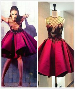 Puffy Aline Krótkie bordowe sukienki wieczorowe satynowe plisowana suknia balowa Sheer Applqiues imprezowa suknie 2016 Modna dziewczyna Homowe sukienki 4048529