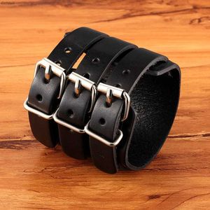 Other Bracelets TYO Classic Mens Boys Adjustable Genuine Leather Cuff Bracelet Punk Rock Jewelry Black/Brown Three Layers BanglesL240415