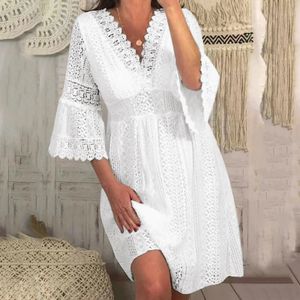 Womens Lace Casual Loose Dress V Neck Hollow Flare Sleeve Dresses Plus Size White Female Vintage Beach 240415