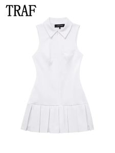 TRAF Women Pleated Shirt korta klänningar för ärmlös skarv miniklänning kvinnlig elegant fest 240415