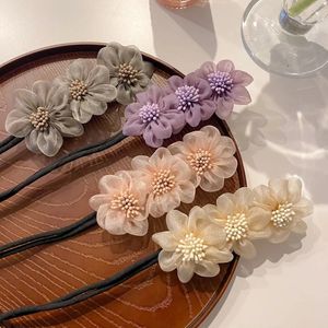 2024 Women Elegant Bud Chiffon Flower Bun Maker Hairstyle Making Long Tool Sweet Hair Braide Rope Hairbands Korean AccessoriesChiffon Flower