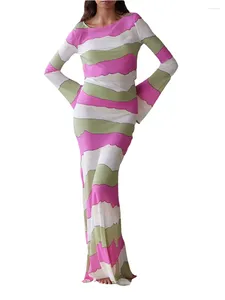 Vestidos casuais 2024 Mulheres Longo BodyCon Dress Stripe redonda Sleeve Spring out Fashion Party Party