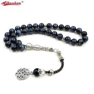 Gebetsperlen natürlicher See Blue Tiger Eye Tasbih Metallic Silver Quaste Muslim Misbaha Accessoires Armband Turkischer Schmuck 240412