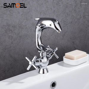 Bathroom Sink Faucets Contemporary Creative Design Brass Lavatory Basin Mixer Faucet Dual Handle Dolphin Shape Cold Water Tap 1221C