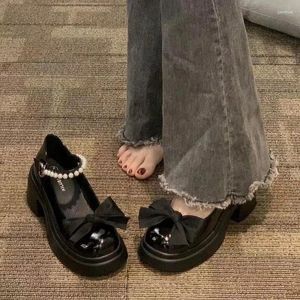 Dress Shoes Round Toe Kawaii Lolita Woman Casual Elegant Pure Color Bow Pumps Non-slip Korean Style Medium Heel Chic Summer 2024