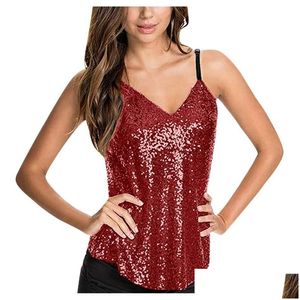 Womens Tanks Camis Women Sleeveless Y Blouse Sequined Strappy V Neck Tank Top Crop Shirt Solid V-Neck Chiffon Blouses Female Shirtslr3 Dhkq3