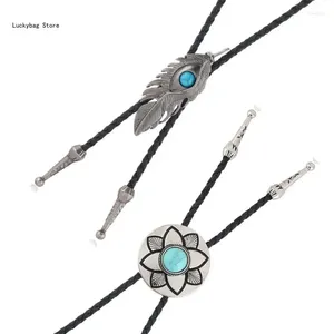 Bow Ties 2Pcs American Bolo Tie Necktie Vintage Metal Flower Stone Cowboy Pendant Western Necklace Costume Jewelry Shirt Chain