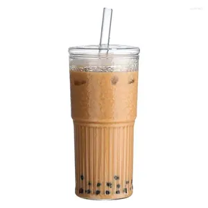 Mugs Iced Coffee GlassesStripe Glass Cup With Lid And Straw Transparent Drinking Glasses Mug Juice Milk Tea Water