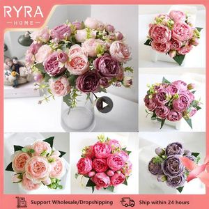 Decorative Flowers 30cm Rose Pink Silk Bouquet Peony Artificial 5/12 Heads Fake Philps Roses Garden Living Room Wedding Decoration Faux