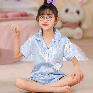 Pyjama Girl Ice Silk Short Sleeve Cardigan Sweet Cute Cartoon Sleepwear Pyjamas Robe Childrens Kläder Moder Kids 240410