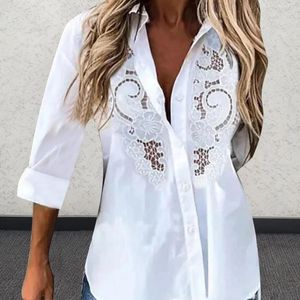 Blouses feminina Flower Lace Manga Longa Camisa de algodão Butrot Down Blouse White Spring Summer Summer Casual Streetwear solto 2024