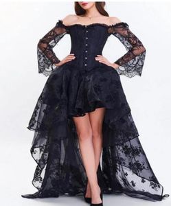 Siyah yüksek düşük iki parçalı dantel korse balo elbisesi gotik eğitmen iç çamaşırı retro dantel geri omuz forma 39988955 korseler