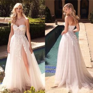 Fairy Tulle A Line Wedding Dresses Floral Lace Appliqued Sexy Sweetheart Bridal Gowns Boho Thigh Split Robes de Mariee Sweep Train Backless Bride Women Dress YD