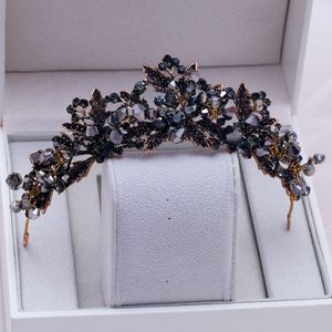 Barock handgjorda svarta kristallpärlor brud tiaras krona rhinestone diadem pageant slöja tiara pannband bröllop hår tillbehör y249u