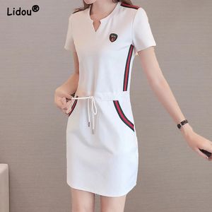 Elegant Casual Vneck Short Sleeve Solid Color Simple Comfortable White Dress Straight Loose Draw String Womens Clothing 240415