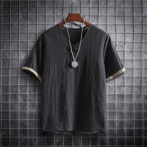 Mäns T-shirts Summer Mens Cotton Linen Shirt Solid Color Korean Fashion Mens Kort ärm T-shirt Menskläder plus storlek 5XL YQ240415