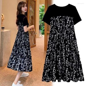 Casual Dresses Summer Short Sleeve Black Dress for Women Korean Fashionable Loose Patchwork Long O-Neck Floral Slim Ladies Clothing
