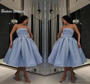 Cheap Strapless Homecoming Dress Simple Short Prom Dress Blue Tea Length Satin Cocktail Gowns Custom Made Party Dresses4529001