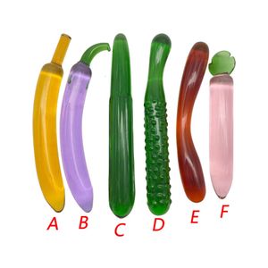 Vegetabilisk glas dildo grossist transparent gurka banan aubergine dubbelhuvud frukt anal sexiga leksaker