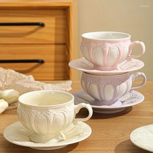 Mugs Light Luxury Retro Style Embossed Ceramic Coffee Cup And Plate Set Creative Afternoon Tea Mug Multi Color Latte