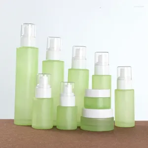 Storage Bottles 3pcs Wholesale 4 Oz Luxury Make Up Set Frosted Green Cosmetic Glass Bottle And Jar Pump For Lotion Serum Cream