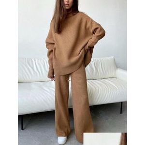 Women'S Two Piece Pants Womens Home Wear Autumn Winter 2 Pieces Women Sets Knitted Tracksuit O-Neck Split Sweater And Wide Leg Joggin Dhydu