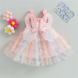 Criando garotas do bebê vestido 3d Butterfly Rouched mangas com camadas de camadas de verão roupas casuais princesa 240413