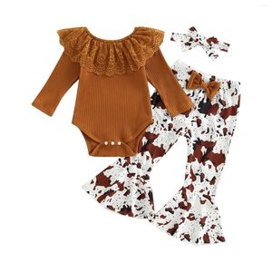Roupas conjuntos de roupas infantil nascida menina menina de primavera roupas de outono sólido manga longa renda com puito de vaca de macacão com calça de flarista