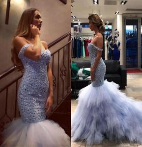 2018 Luxury Mermaid Evening Dresses Off Shoulder Crystal Pärled Tiersed Ruffles Lavender Pageant Dresses Plus Size Saudi Arabic Eve2141582