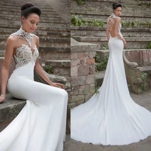 Boho Garden Mermaid Wedding Dresses Gorgeous Beading Pearls High Neckline With Applique Lace Bridal Gowns Court Train Slim Fit Backless Bride Robes de Mariee YD