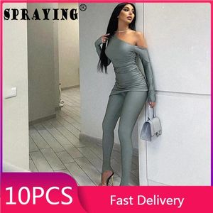 Women's Two Piece Pants 10 Tracksuits 2024 Long Sleeve Skew Collar Pleated Top Legging Bulk Items Wholesale Lots Set Womens Outfits S12675