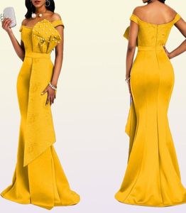 Vestido amarelo Longo para mulheres fora do ombro Sexy Mermaid Minchas magras no piso da noite jantar de casamento festas maxi vestidos 2104272982