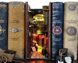 Livraria medieval Inserir ornamento de madeira Dragon Alley Book Nook Art Livros Livros de Estudo Estudos Estações da estatuetas Craft Home Decor H1101586214