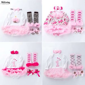 Baby- och barnkläder, Baby Long Sleeved Wrap -kjol, nyfödd bomullsrosrosa klänning, prinsessan klänning, fyra delar set