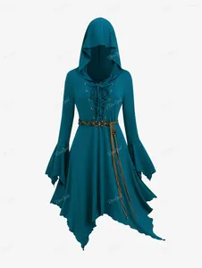Casual Dresses ROSEGAL Plus Size Hoodie Blue Lace Up Handkerchief Bell Sleeve Dress With Belt Women Fall Knee-Length Vestido