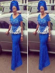 Royal Blue Nigerian Lace Prom Kleider Abendkleidung VNECK Kurzarm Kleider Kleider mit Peplum -Trompete ASO EBI -Stil Formal 2182100