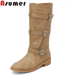BOOTS Asumer 2024 Genuine Leather Pleated Knee High Ladies Buckle Winter Square Med Heels Motorcycle