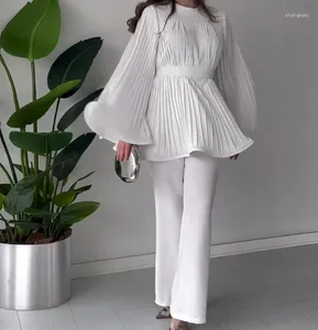 Women's Two Piece Pants Casual Style Suit 2024 Spring/summer Latest Round Neck Bat Sleeve Pleated Long Sleeved Top With Elegant Temperament