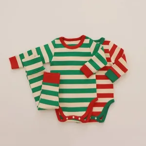 Clothing Sets Pure Cotton Baby Pajamas Red Green Striped Infant Boy Girl Pyjamas Romper Pants 2pcs Long Johns For Christmas Year