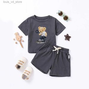 Clothing Sets Baby short sleeve shorts set cartoon mens and womens print summer brown bear moon T240415