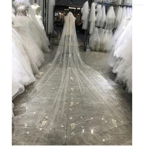 Bridal Veils Glitters Pearls Champange Flowers Crystals Long 3x4 Meters