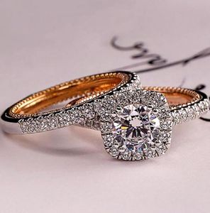 Anéis de casamento Huitan Engajamento de luxo para mulheres 2pcsset brilhante zircão cúbico design de duas tom de jóias elegantes