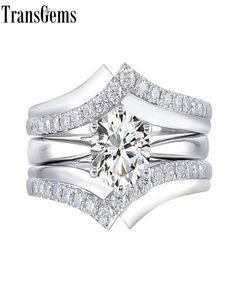 Transgems 10K White Gold Main 1CT 65mm F Color Moissantie Diamond Engagement Ring Set for Women Wedding Inslocking 2 Piece Y1908819832